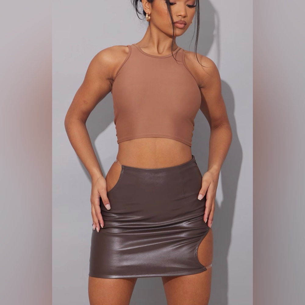 Cut-out Brown Faux Leather Mini Skirt - Picture 5 of 7